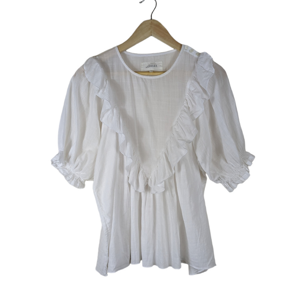 The Great Shirt Small 1 White Crew Neck Puff Sleeves Ruffle Triangle Top Blouse